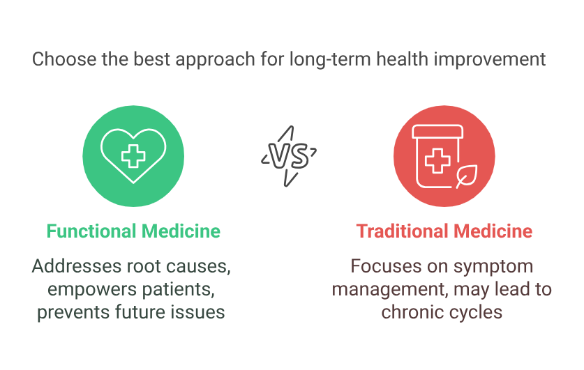 Functional Medicine vs Traditional Medicine comparison showing root cause care vs symptom management. Supports benefits of functional medicine in Virginia.